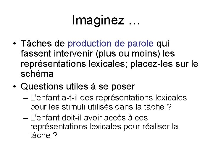 Imaginez … • Tâches de production de parole qui fassent intervenir (plus ou moins) Imaginez … • Tâches de production de parole qui fassent intervenir (plus ou moins)