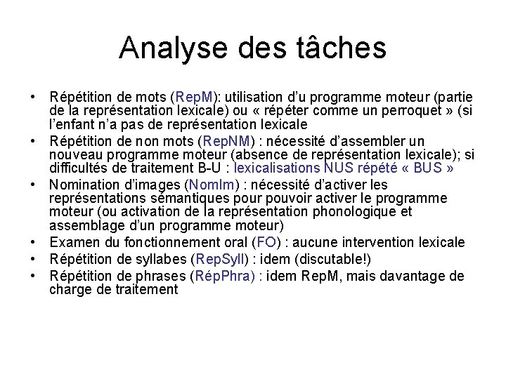 Analyse des tâches • Répétition de mots (Rep. M): utilisation d’u programme moteur (partie Analyse des tâches • Répétition de mots (Rep. M): utilisation d’u programme moteur (partie