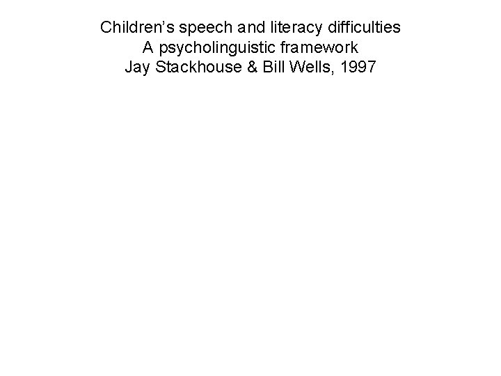Children’s speech and literacy difficulties A psycholinguistic framework Jay Stackhouse & Bill Wells, 1997 Children’s speech and literacy difficulties A psycholinguistic framework Jay Stackhouse & Bill Wells, 1997
