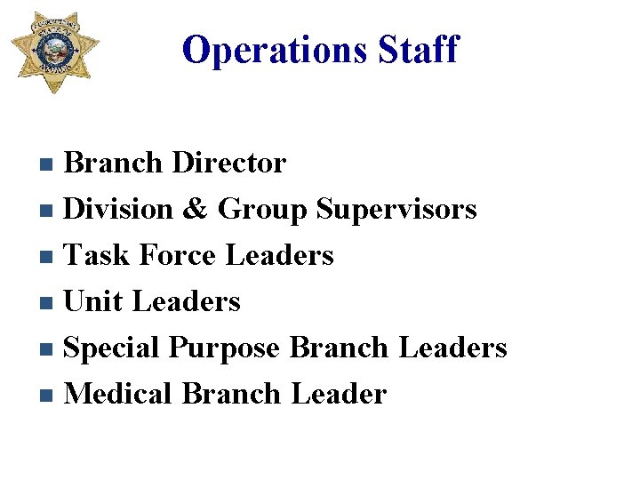 Operations Staff Branch Director n Division & Group Supervisors n Task Force Leaders n