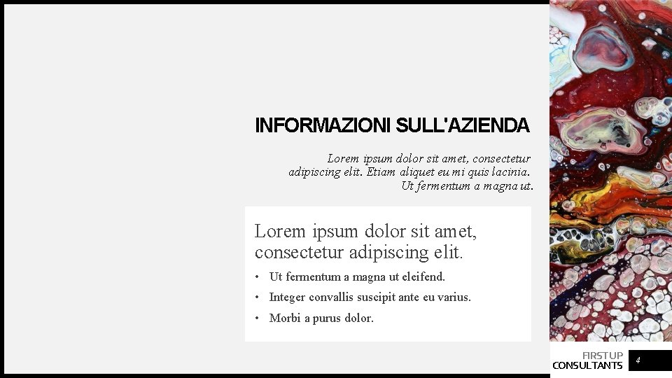 INFORMAZIONI SULL'AZIENDA Lorem ipsum dolor sit amet, consectetur adipiscing elit. Etiam aliquet eu mi