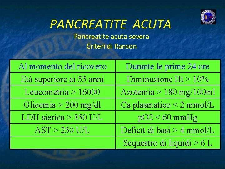 PANCREATITE ACUTA Pancreatite acuta severa Criteri di Ranson Al momento del ricovero Età superiore