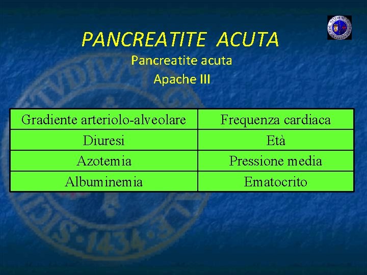 PANCREATITE ACUTA Pancreatite acuta Apache III Gradiente arteriolo-alveolare Diuresi Azotemia Albuminemia Frequenza cardiaca Età