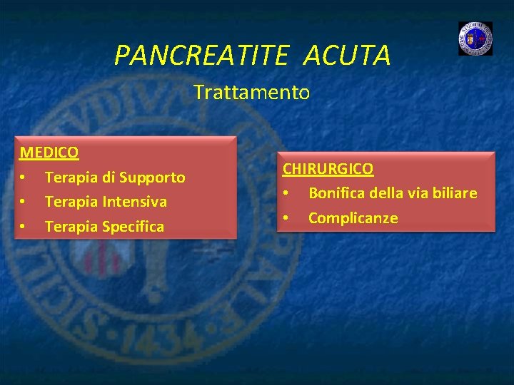 PANCREATITE ACUTA Trattamento MEDICO • Terapia di Supporto • Terapia Intensiva • Terapia Specifica