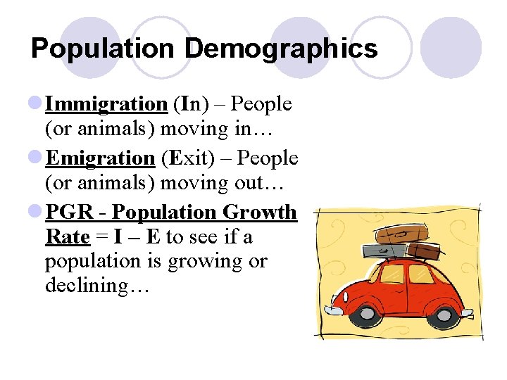 Population Demographics l Immigration (In) – People (or animals) moving in… l Emigration (Exit)