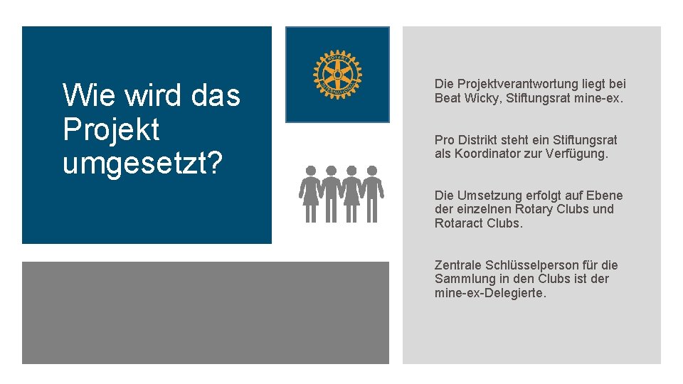 Wie wird das Projekt umgesetzt? Die Projektverantwortung liegt bei Beat Wicky, Stiftungsrat mine ex. Wie wird das Projekt umgesetzt? Die Projektverantwortung liegt bei Beat Wicky, Stiftungsrat mine ex.