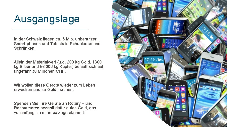 Ausgangslage In der Schweiz liegen ca. 5 Mio. unbenutzer Smart phones und Tablets in Ausgangslage In der Schweiz liegen ca. 5 Mio. unbenutzer Smart phones und Tablets in