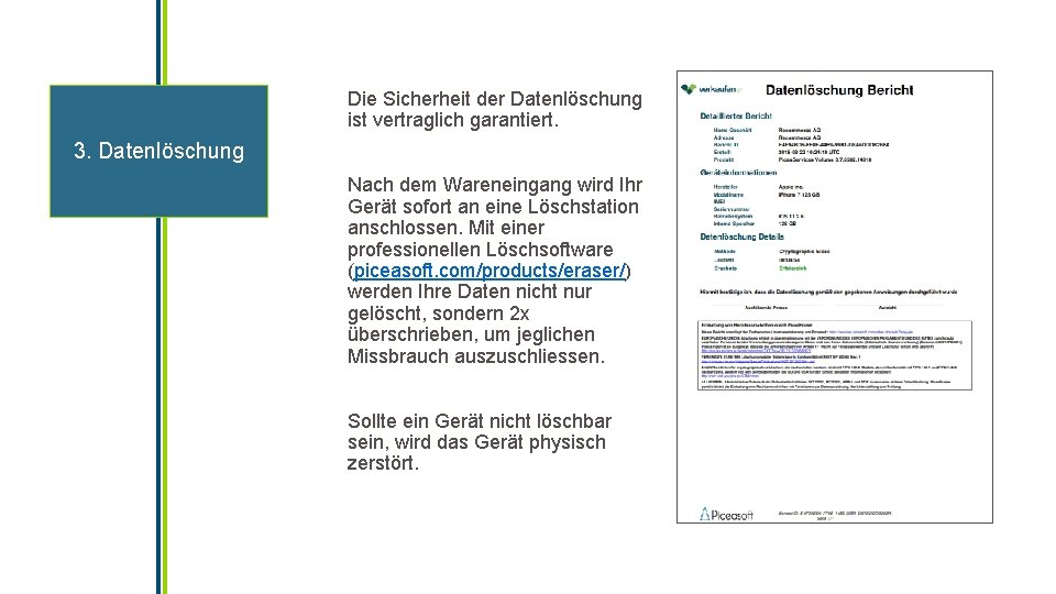 Die Sicherheit der Datenlöschung ist vertraglich garantiert. 3. Datenlöschung Nach dem Wareneingang wird Ihr Die Sicherheit der Datenlöschung ist vertraglich garantiert. 3. Datenlöschung Nach dem Wareneingang wird Ihr
