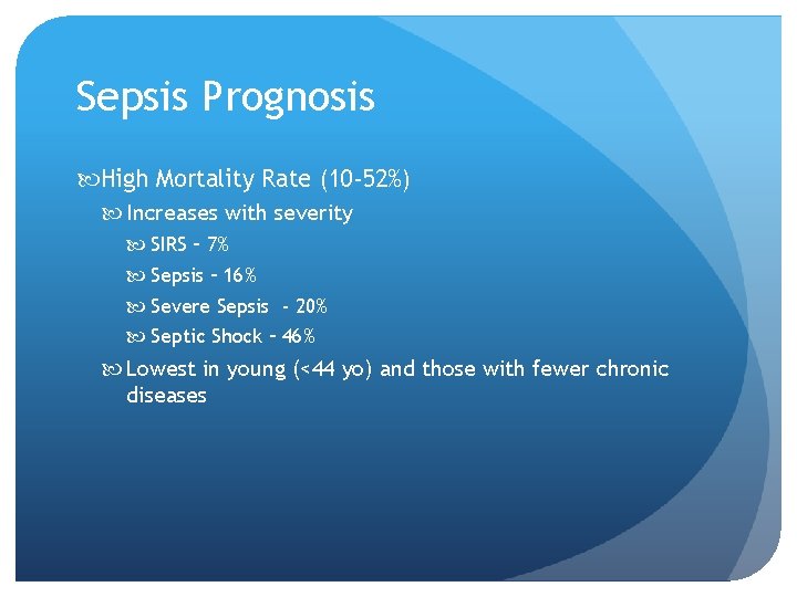 Sepsis Prognosis High Mortality Rate (10 -52%) Increases with severity SIRS – 7% Sepsis