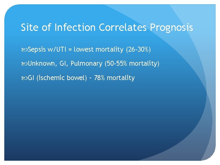 Site of Infection Correlates Prognosis Sepsis w/UTI = lowest mortality (26 -30%) Unknown, GI,