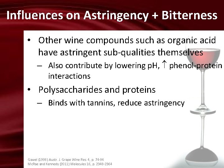Influences on Astringency + Bitterness • Other wine compounds such as organic acid have