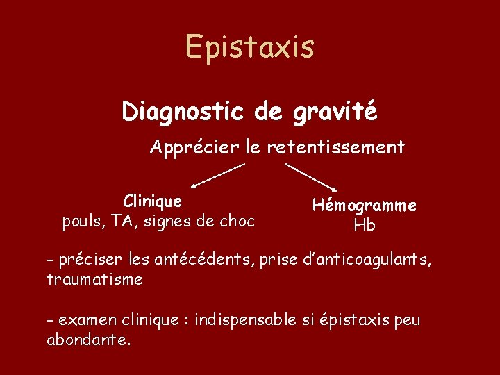Epistaxis Diagnostic de gravité Apprécier le retentissement Clinique pouls, TA, signes de choc Hémogramme
