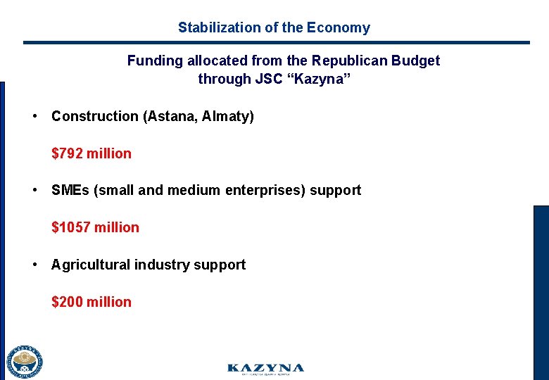 Stabilization of the Economy Funding allocated from the Republican Budget through JSC “Kazyna” •