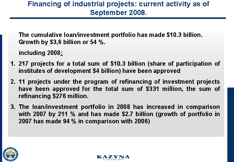 Financing of industrial projects: current activity as of September 2008. The cumulative loan/investment portfolio