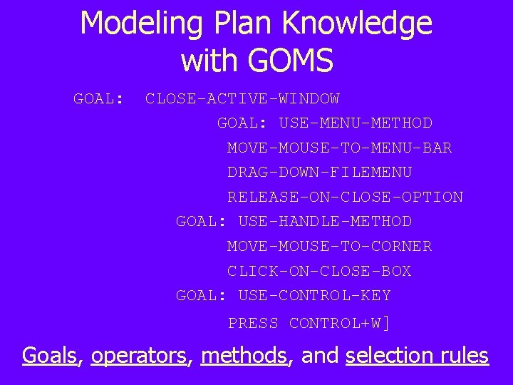 Modeling Plan Knowledge with GOMS GOAL: CLOSE-ACTIVE-WINDOW GOAL: USE-MENU-METHOD MOVE-MOUSE-TO-MENU-BAR DRAG-DOWN-FILEMENU RELEASE-ON-CLOSE-OPTION GOAL: USE-HANDLE-METHOD