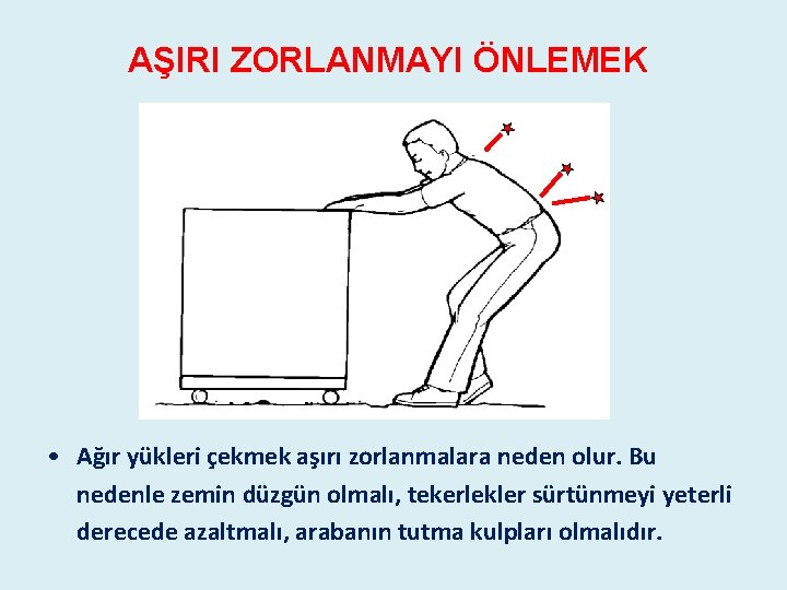 AŞIRI ZORLANMAYI ÖNLEMEK • Ağır yükleri çekmek aşırı zorlanmalara neden olur. Bu nedenle zemin AŞIRI ZORLANMAYI ÖNLEMEK • Ağır yükleri çekmek aşırı zorlanmalara neden olur. Bu nedenle zemin