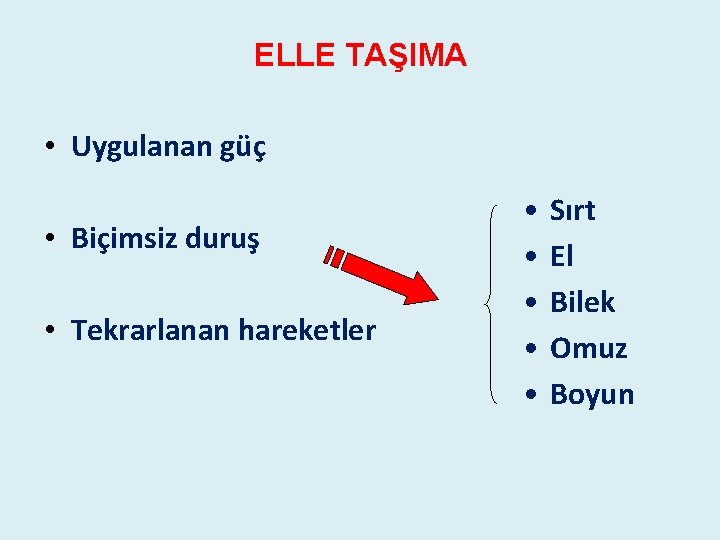 ELLE TAŞIMA • Uygulanan güç • Biçimsiz duruş • Tekrarlanan hareketler • • • ELLE TAŞIMA • Uygulanan güç • Biçimsiz duruş • Tekrarlanan hareketler • • •