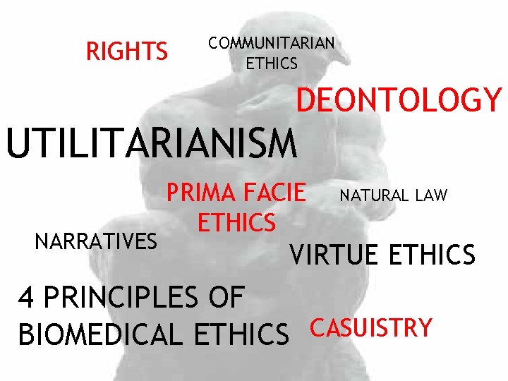 RIGHTS COMMUNITARIAN ETHICS DEONTOLOGY UTILITARIANISM NARRATIVES PRIMA FACIE ETHICS NATURAL LAW VIRTUE ETHICS 4