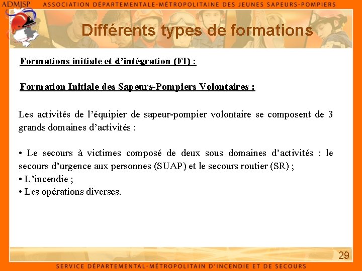 Différents types de formations Formations initiale et d’intégration (FI) : Formation Initiale des Sapeurs-Pompiers