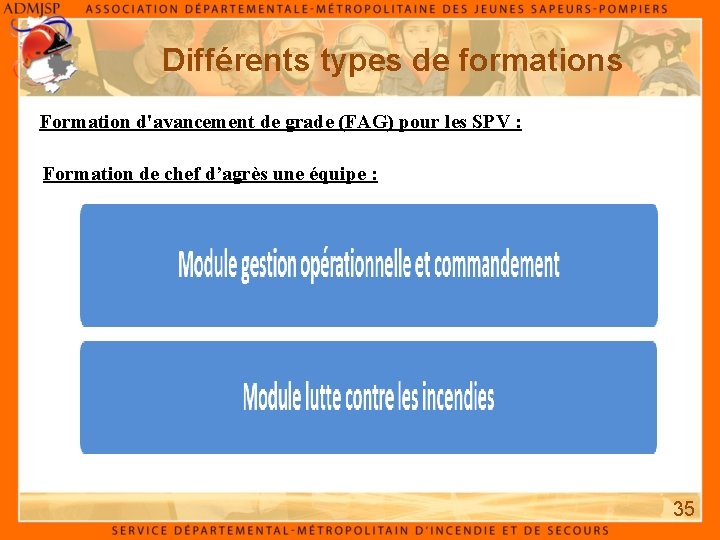 Différents types de formations Formation d'avancement de grade (FAG) pour les SPV : Formation