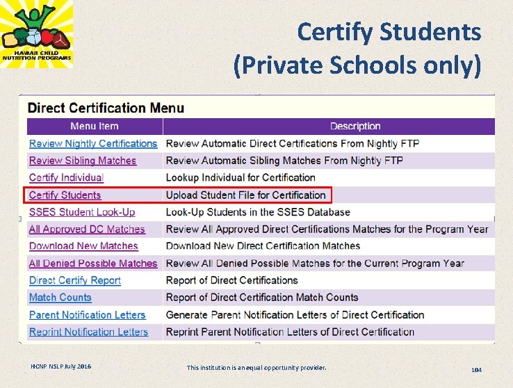 Certify Students (Private Schools only) HCNP NSLP July 2016 This institution is an equal