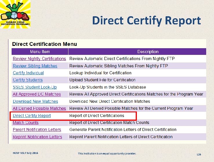 Direct Certify Report HCNP NSLP July 2016 This institution is an equal opportunity provider.