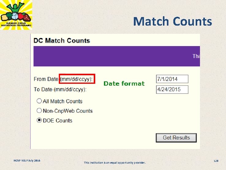 Match Counts HCNP NSLP July 2016 This institution is an equal opportunity provider. 128