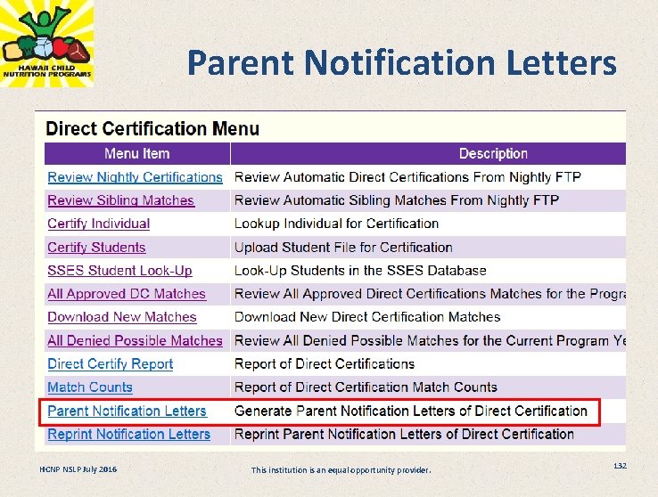 Parent Notification Letters HCNP NSLP July 2016 This institution is an equal opportunity provider.