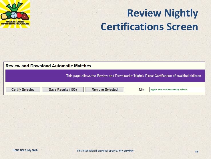 Review Nightly Certifications Screen HCNP NSLP July 2016 This institution is an equal opportunity