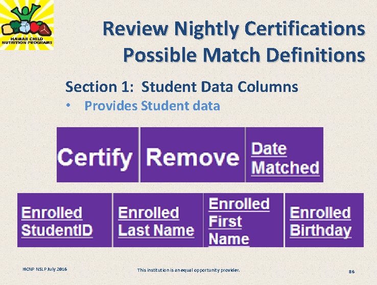 Review Nightly Certifications Possible Match Definitions Section 1: Student Data Columns • Provides Student