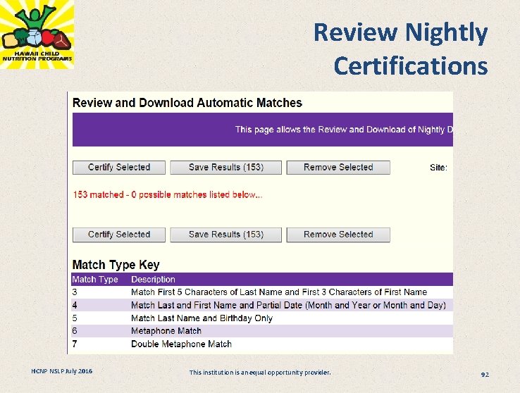 Review Nightly Certifications HCNP NSLP July 2016 This institution is an equal opportunity provider.