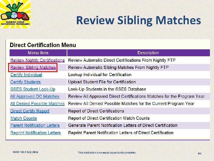 Review Sibling Matches HCNP NSLP July 2016 This institution is an equal opportunity provider.