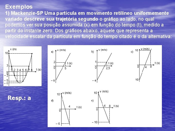 Exemplos 1) Mackenzie-SP Uma partícula em movimento retilíneo uniformemente variado descreve sua trajetória segundo