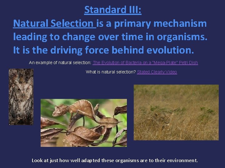 Standard III: Natural Selection is a primary mechanism leading to change over time in