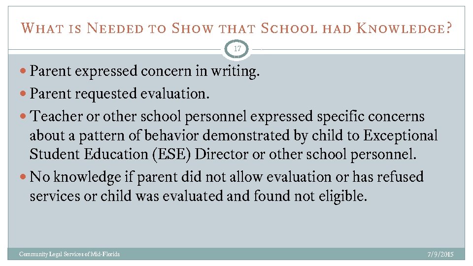 What is Needed to Show that School had Knowledge? 17 Parent expressed concern in