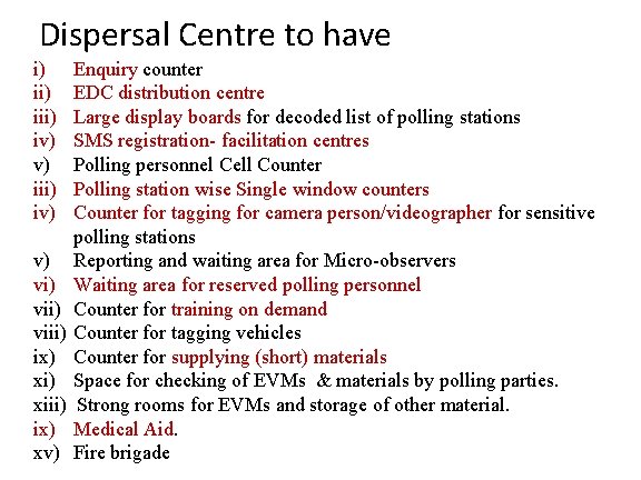 Dispersal Centre to have i) iii) iv) v) iii) iv) Enquiry counter EDC distribution