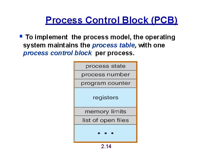 Process Control Block (PCB) § To implement the process model, the operating system maintains Process Control Block (PCB) § To implement the process model, the operating system maintains