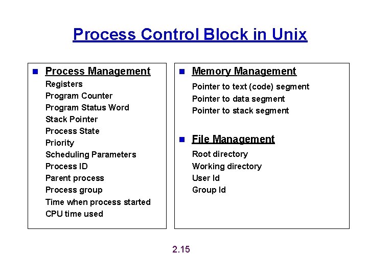 Process Control Block in Unix n Process Management Registers Program Counter Program Status Word Process Control Block in Unix n Process Management Registers Program Counter Program Status Word