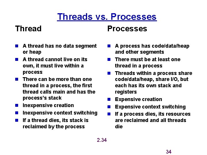 Threads vs. Processes Thread Processes n A thread has no data segment n A Threads vs. Processes Thread Processes n A thread has no data segment n A