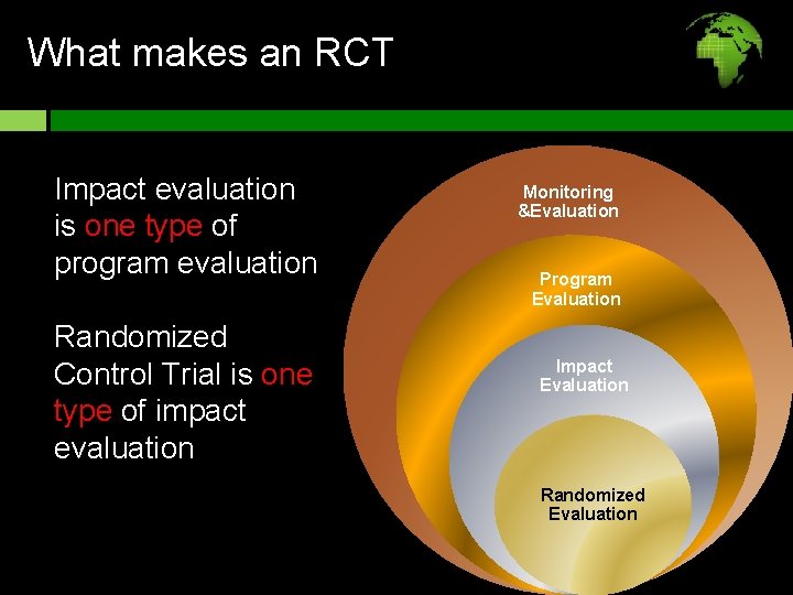 What makes an RCT Impact evaluation is one type of program evaluation Randomized Control