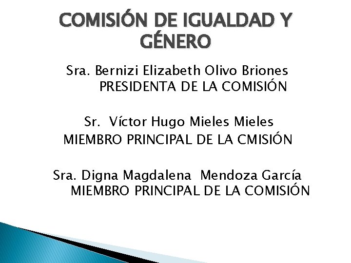 COMISIÓN DE IGUALDAD Y GÉNERO Sra. Bernizi Elizabeth Olivo Briones PRESIDENTA DE LA COMISIÓN