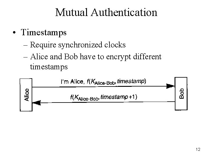 Mutual Authentication • Timestamps – Require synchronized clocks – Alice and Bob have to Mutual Authentication • Timestamps – Require synchronized clocks – Alice and Bob have to