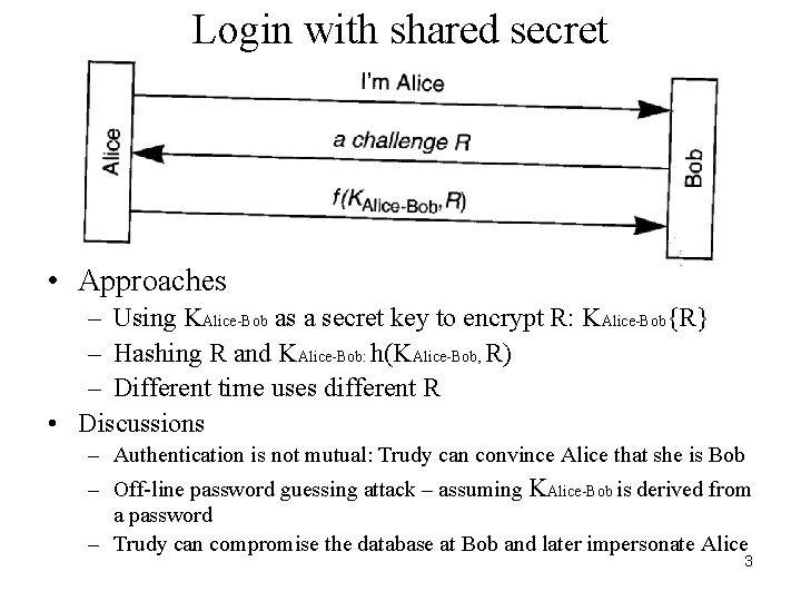 Login with shared secret • Approaches – Using KAlice-Bob as a secret key to Login with shared secret • Approaches – Using KAlice-Bob as a secret key to