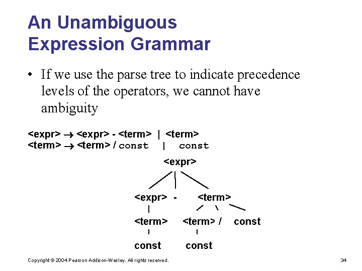 An Unambiguous Expression Grammar • If we use the parse tree to indicate precedence