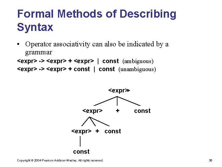 Formal Methods of Describing Syntax • Operator associativity can also be indicated by a