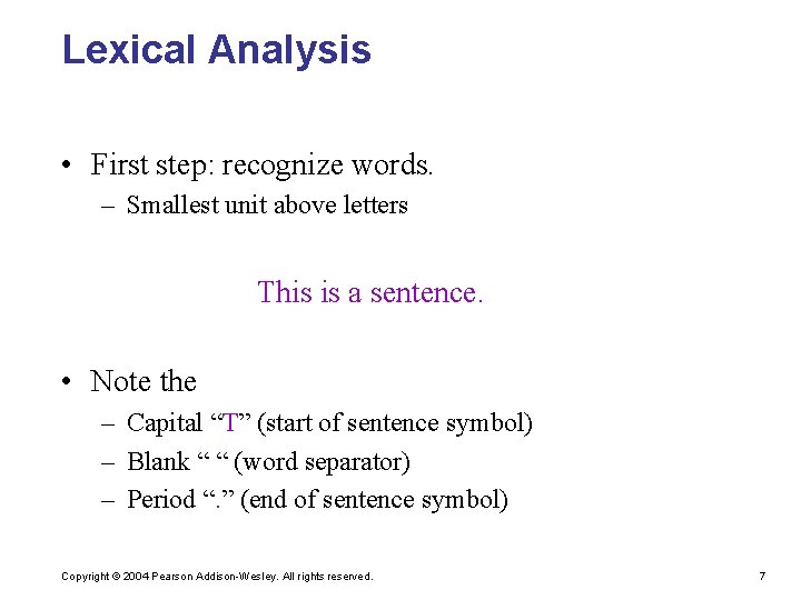 Lexical Analysis • First step: recognize words. – Smallest unit above letters This is