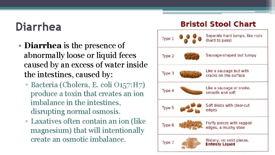 Diarrhea • Diarrhea is the presence of abnormally loose or liquid feces caused by