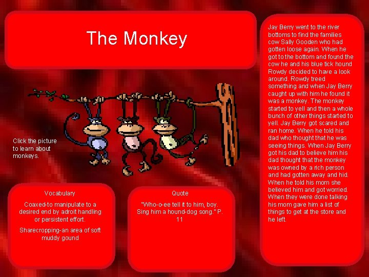 The Monkey Click the picture to learn about monkeys. Vocabulary Quote Coaxed-to manipulate to