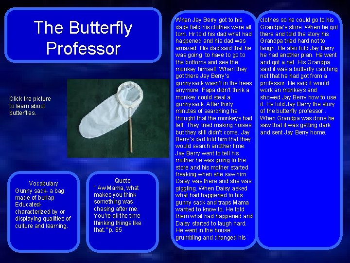 The Butterfly Professor Click the picture to learn about butterflies. Vocabulary Gunny sack- a