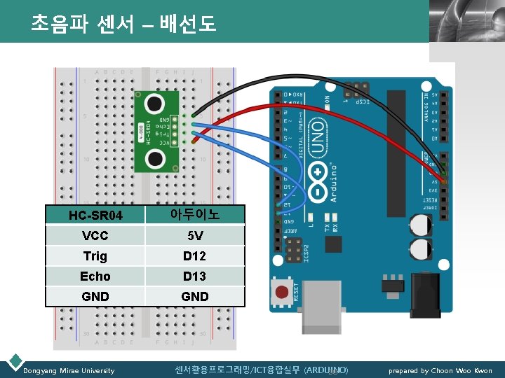 초음파 센서 – 배선도 HC-SR 04 아두이노 VCC 5 V Trig D 12 Echo
